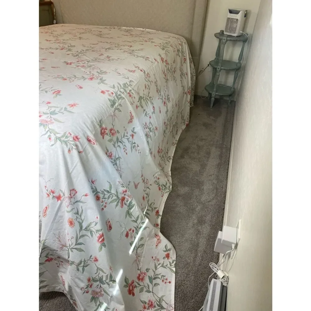 Vintage Flat Sheet with butterflies and flowers in coral and pink King
